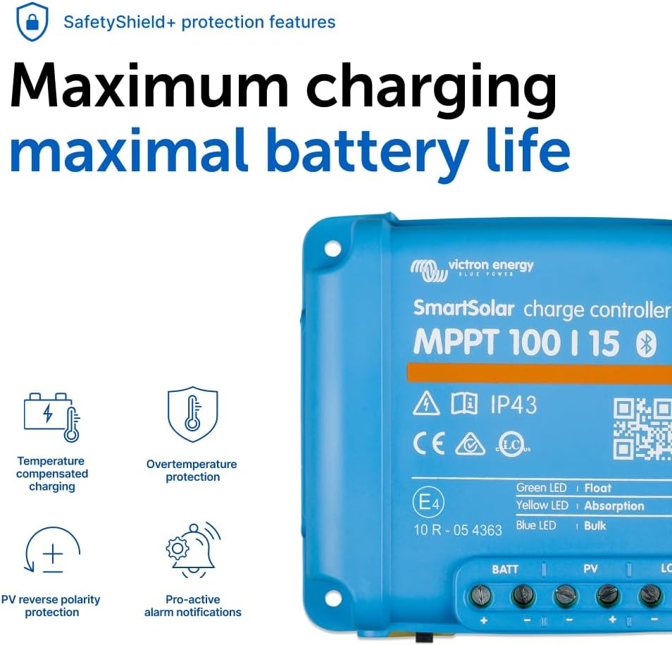 Victron Energy SmartSolar MPPT Solar Charge Controller (Bluetooth) - Charge Controllers for Solar Panels - 100V, 15 amp, 12/24-Volt